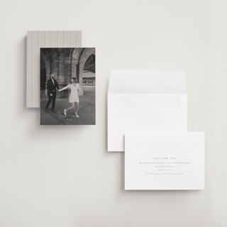 This is a cotton save the date with standard by Amy Kross called veneer printing on recycled smooth signature in grand