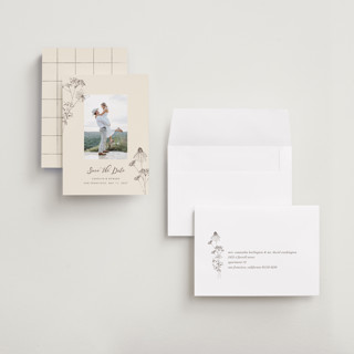 This is a sandpaper save the date with standard by Baumbirdy called sketched florals printing on recycled smooth signature in grand