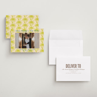 This is a limon save the date with standard by Megan Davis called palm beach printing on recycled smooth signature in grand