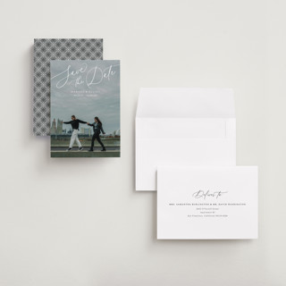 This is a pearl save the date with standard by Kaydi Bishop called on the horizon printing on recycled smooth signature in grand