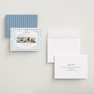 This is a aquamarine save the date with standard by Elisa Lara Campos called perfect day printing on recycled smooth signature in grand