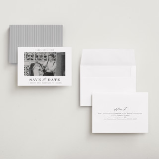 This is a midnight save the date with standard by Stacey Meacham called classic charm printing on recycled smooth signature in grand