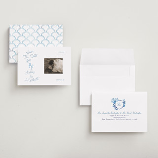 This is a cerulean save the date with standard by Tamara Hilje called positano printing on recycled smooth signature in grand