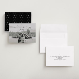 This is a noir save the date with standard by Olivia Raufman called noted printing on recycled smooth signature in grand