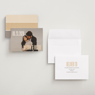 This is a honey save the date with standard by letterfix called ensemble printing on recycled smooth signature in grand