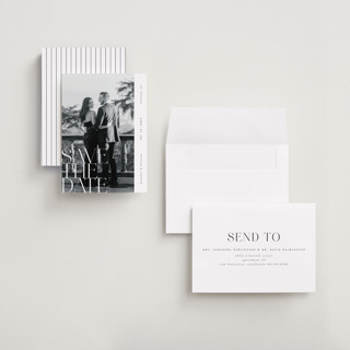 This is a pearl save the date with standard by Ana de Sousa called editorial lettering printing on recycled smooth signature in grand
