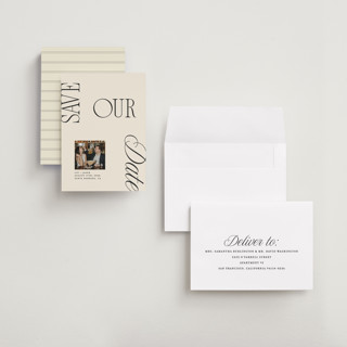 This is a buttercream save the date with standard by Olivia Goree called true romance printing on recycled smooth signature in grand