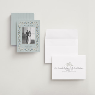 This is a sky save the date with standard by Ana de Sousa called romantic elegance printing on recycled smooth signature in grand