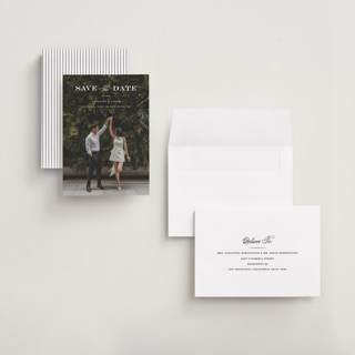 This is a gown save the date with standard by Carolyn MacLaren called proper printing on recycled smooth signature in grand