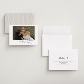 This is a snow save the date with standard by Sara Hicks Malone called vintage script printing on recycled smooth signature in grand