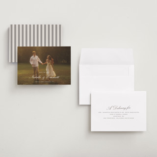 This is a ivory save the date with standard by Emily Betts called story printing on recycled smooth signature in grand