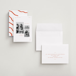 This is a verona sunset save the date with standard by Blustery August called alaia printing on recycled smooth signature in grand