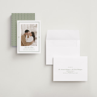 This is a leaf save the date with standard by Kate Ahn called court printing on recycled smooth signature in grand