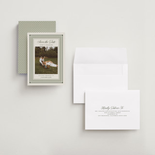 This is a moss save the date with standard by Kelly Watkins called literary printing on recycled smooth signature in grand