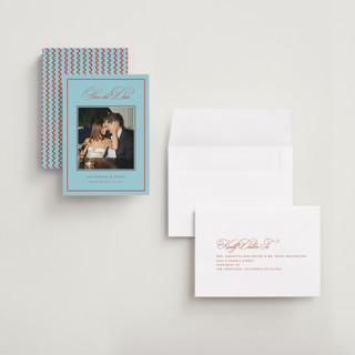 This is a sky save the date with standard by Kelly Watkins called vivid printing on recycled smooth signature in grand