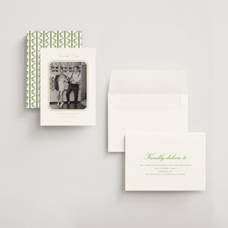 This is a mint save the date with standard by Sara Hicks Malone called montgomery printing on recycled smooth signature in grand