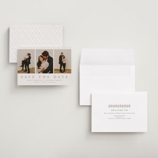 This is a sand save the date with standard by Nicole Walsh called elegant trio printing on recycled smooth signature in grand