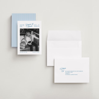 This is a lake save the date with standard by Robert and Stella called opening credits printing on recycled smooth signature in grand
