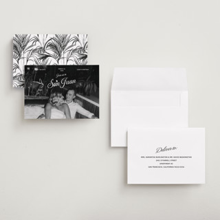 This is a snow save the date with standard by Inkblot Design called vintage trip printing on recycled smooth signature in grand