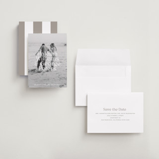 This is a powder save the date with standard by Megan Davis called faded printing on recycled smooth signature in grand