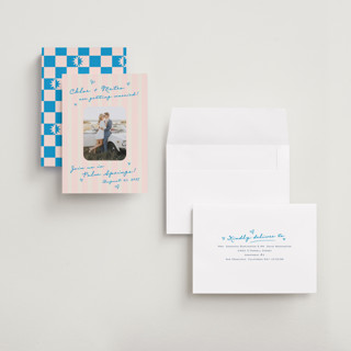 This is a pink grapefruit save the date with standard by Jackie Crawford called the right stripes printing on recycled smooth signature in grand