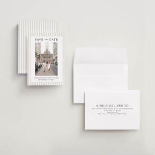 This is a latte save the date with standard by First Rodeo Design called classic stripe printing on recycled smooth signature in grand