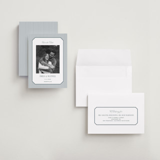 This is a capri save the date with standard by Emily Betts called modern stripes printing on recycled smooth signature in grand