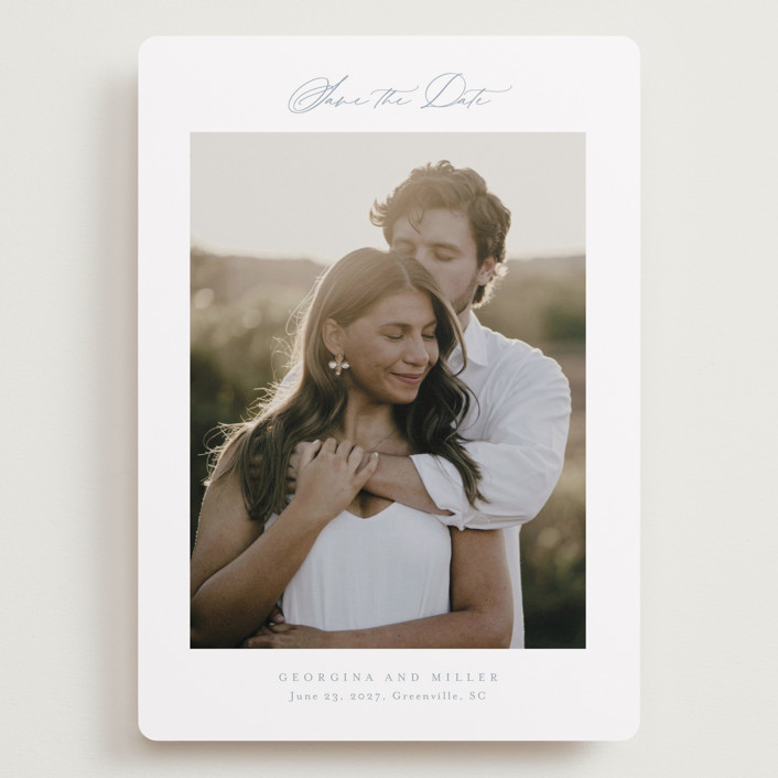 "Modern Air" - Grand Save The Date Cards in Dusty Blue by Stacey Meacham.