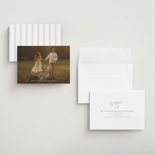 This is a ivory save the date with standard by Shirley Lin Schneider called classic romanticism printing on recycled smooth signature in grand