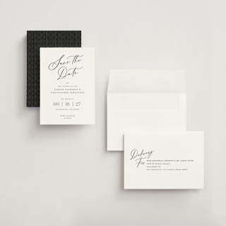 This is a pearl save the date with standard by Hooray Creative called beautifully scripted printing on signature in grand