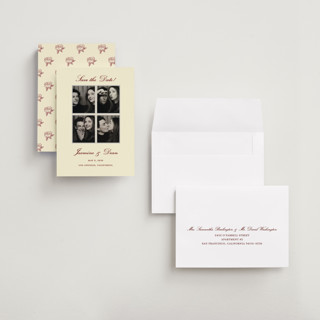 This is a wine rose save the date with standard by Kalea called classic four printing on recycled smooth signature in grand