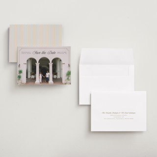 This is a golden save the date with standard by Pink House Press called notched up printing on recycled smooth signature in grand