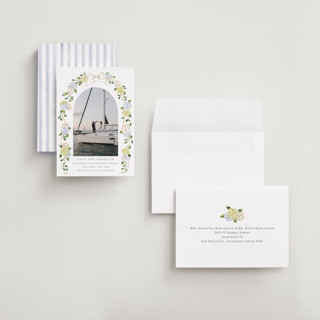 This is a coastline save the date with standard by Sarah Knight called coastal hydrangea printing on recycled smooth signature in grand