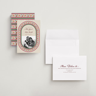 This is a ivory save the date with standard by Sherley Ferreira called mughal gardens printing on recycled smooth signature in grand