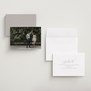 This is a pearl save the date with standard by Pixel and Hank called enamored printing on recycled smooth signature in grand