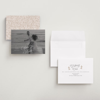 This is a ivory save the date with standard by Paper Raven Co. called vintage romance printing on recycled smooth signature in grand