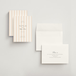 This is a peach save the date with standard by Sara Hicks Malone called awning stripe printing on signature in grand