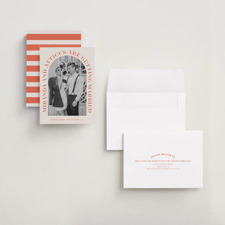 This is a persimmon save the date with standard by Sarah Cohn called surrounding printing on recycled smooth signature in grand