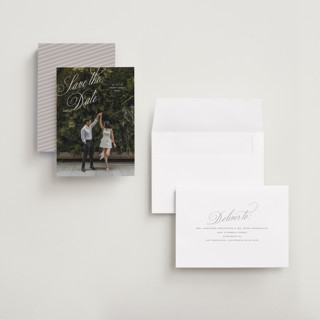 This is a pearl save the date with standard by Pixel and Hank called enamored printing on recycled smooth signature in grand