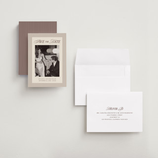 This is a maroon save the date with standard by Pati Cascino called sienna printing on recycled smooth signature in grand