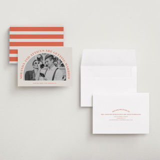 This is a persimmon save the date with standard by Sarah Cohn called surrounding printing on recycled smooth signature in grand