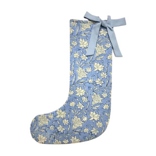This is a blue holiday decorations by Inner Child called blue holiday floral blockprint stocking in standard