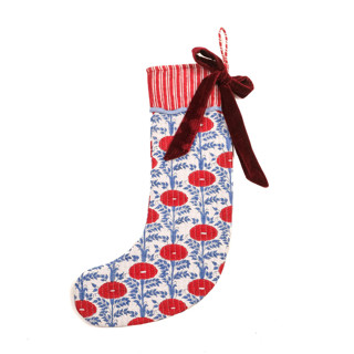 This is a red holiday decorations by Inner Child called blockprint stocking in araminta red in standard