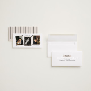 This is a snow save the date with standard by Tamara Hilje called vintage album printing on recycled smooth signature in tall