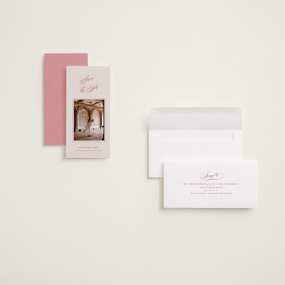 This is a strawberry save the date with standard by Olivia Kanaley Inman called poem printing on recycled smooth signature in tall