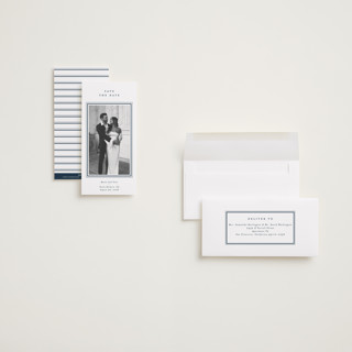 This is a navy save the date with standard by Stacey Meacham called elegant frame printing on recycled smooth signature in tall