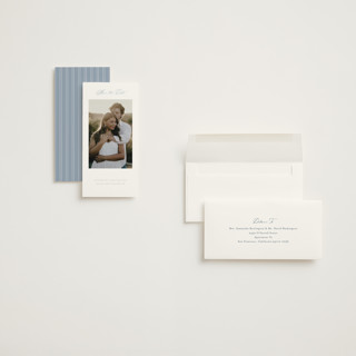 This is a dusty blue save the date with standard by Stacey Meacham called modern air printing on recycled smooth signature in tall