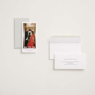 This is a linen save the date with standard by Ashley Cuccio called malibu dreams printing on recycled smooth signature in tall