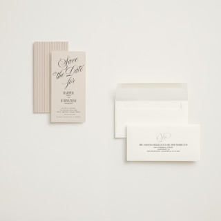 This is a linen save the date with standard by Kate Ahn called mirin printing on signature in tall