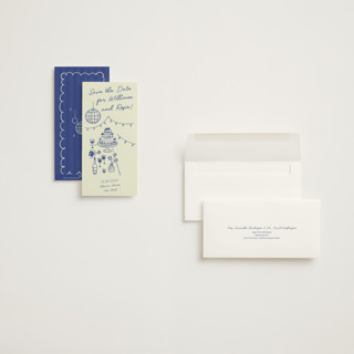 This is a disco blue save the date with standard by Zove Ahhh called party on! printing on signature in tall